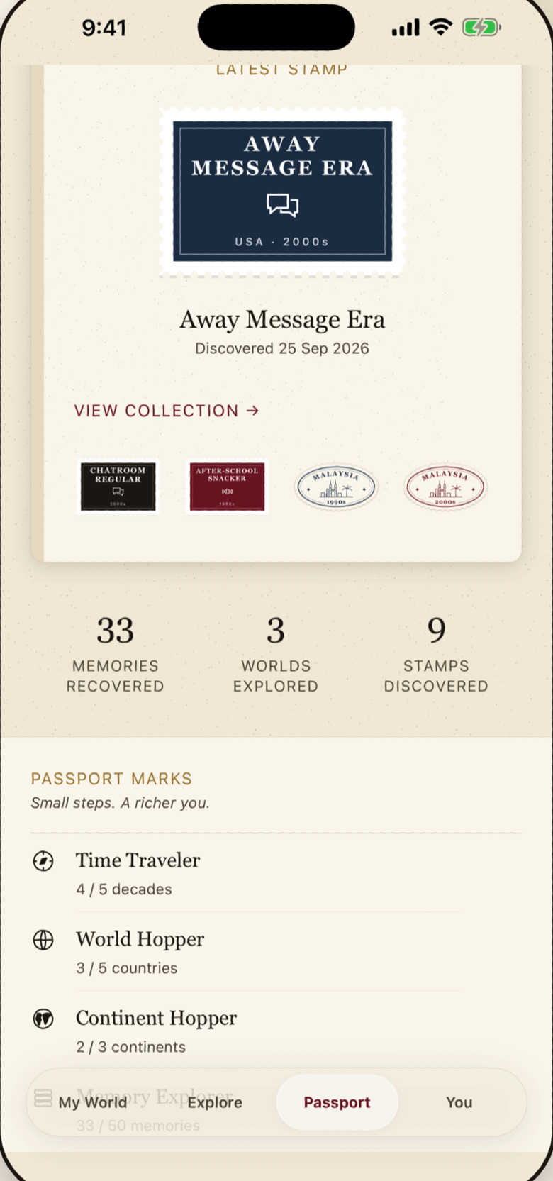 Pazt: the Memory Passport, with the Away Message Era stamp, USA 2000s
